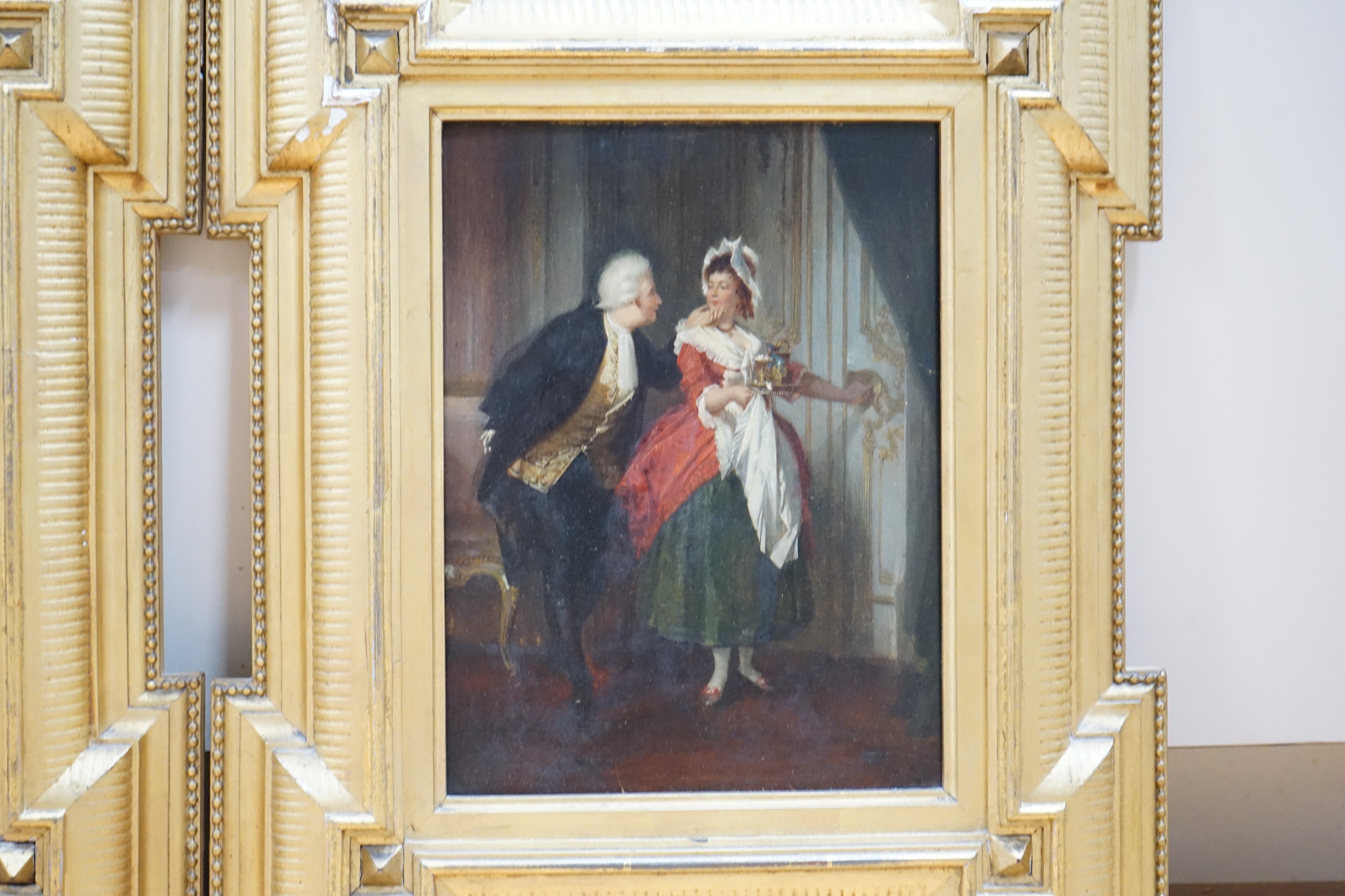 19th century German School, pair of oils on panel, Gentleman and maid and Poultry seller and soldier, 26 x 20cm, housed in moulded gilt frames